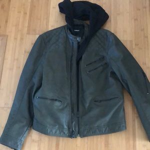 Express faux leather moto jacket removable black hoodie insert